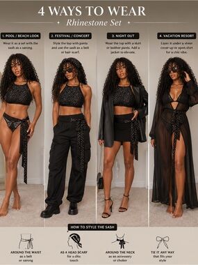 Swim set Banjul Black Mesh Rhinestone 3 Halter Piece Bikini Set With Sash